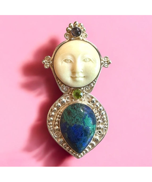 Sajen sterling silver 925 malachite peridot moonstone boneface goddess pendant