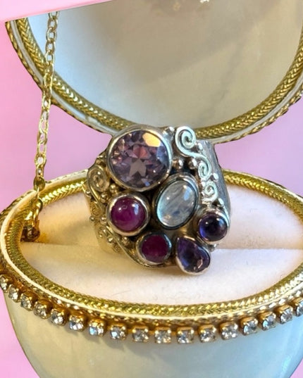 Sajen Stunning Moonstone amethyst ruby rhodonite fancy 925 sterling silver ring