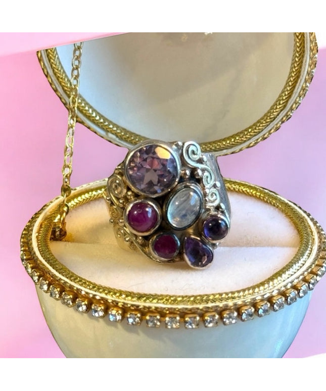 Sajen Stunning Moonstone amethyst ruby rhodonite fancy 925 sterling silver ring