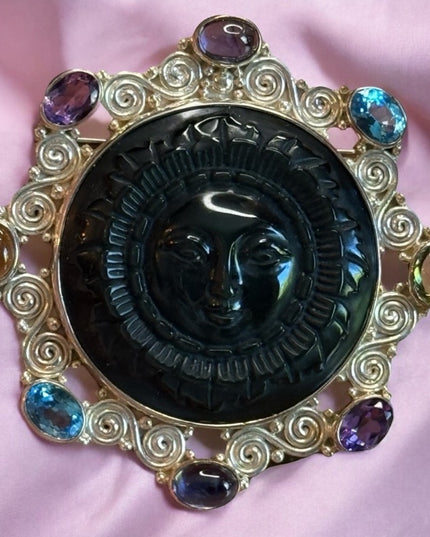 Sajen Sterling silver 925 designer Bali Multi gemstone  goddess brooch pendant