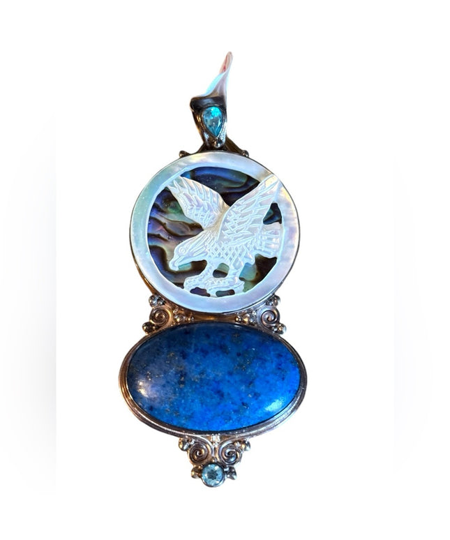 Sajen sterling silver 925 pearl eagle sodalite & abalone fancy necklace pendant