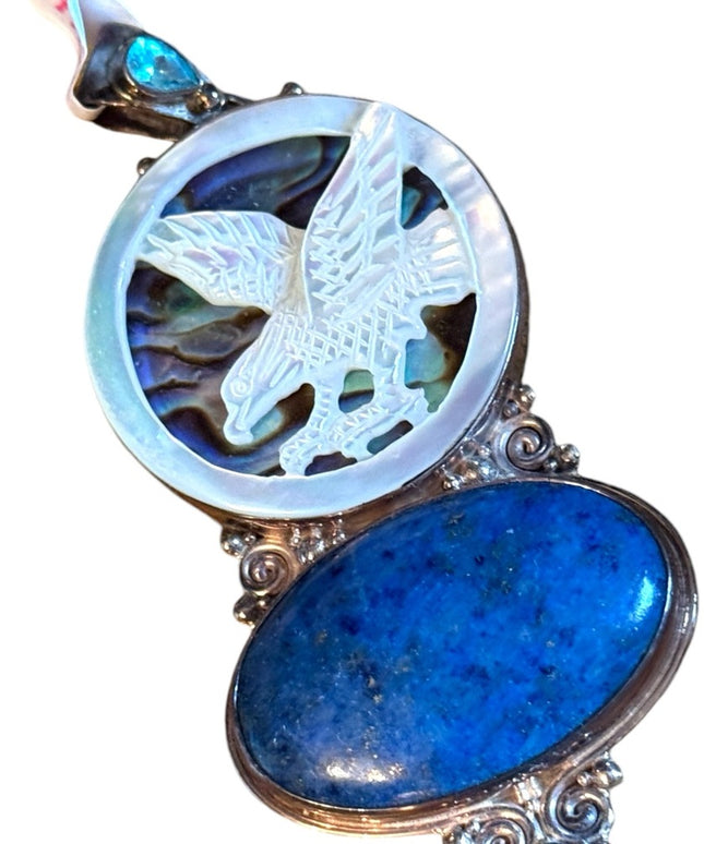 Sajen sterling silver 925 pearl eagle sodalite & abalone fancy necklace pendant