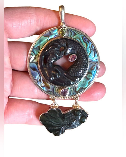 Sajen 925 sterling silver lucky fish onyx abalone peridot necklace pendant