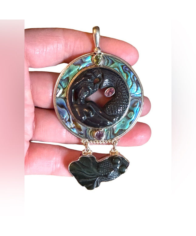 Sajen 925 sterling silver lucky fish onyx abalone peridot necklace pendant