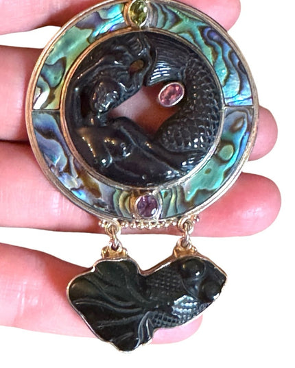 Sajen 925 sterling silver lucky fish onyx abalone peridot necklace pendant