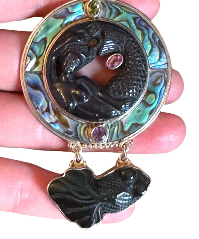 Sajen 925 sterling silver lucky fish onyx abalone peridot necklace pendant