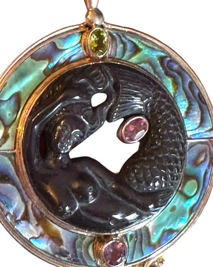 Sajen 925 sterling silver lucky fish onyx abalone peridot necklace pendant