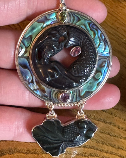 Sajen 925 sterling silver lucky fish onyx abalone peridot necklace pendant