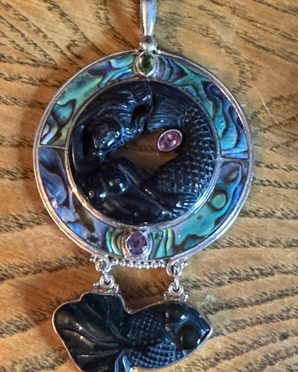 Sajen 925 sterling silver lucky fish onyx abalone peridot necklace pendant