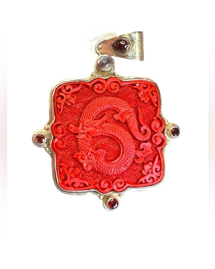 Vintage 925 Silver Sajen Carved Dragon Cinnabar/Garnet Moonstone Unisex Pendant