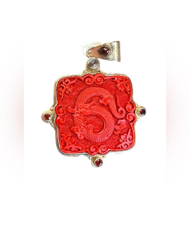 Vintage 925 Silver Sajen Carved Dragon Cinnabar/Garnet Moonstone Unisex Pendant
