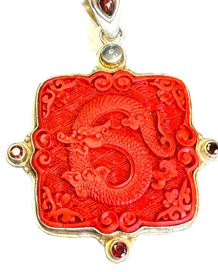 Vintage 925 Silver Sajen Carved Dragon Cinnabar/Garnet Moonstone Unisex Pendant