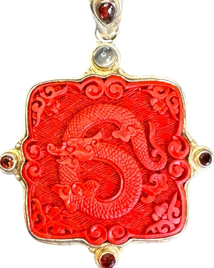 Vintage 925 Silver Sajen Carved Dragon Cinnabar/Garnet Moonstone Unisex Pendant
