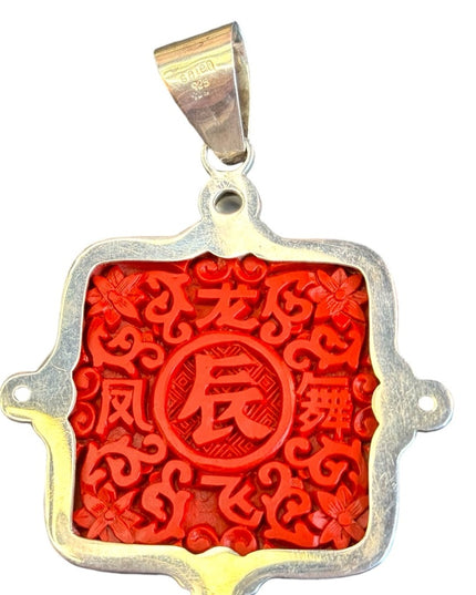 Vintage 925 Silver Sajen Carved Dragon Cinnabar/Garnet Moonstone Unisex Pendant
