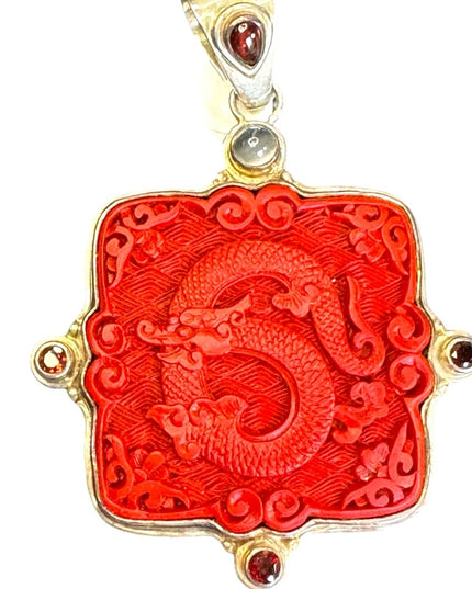 Vintage 925 Silver Sajen Carved Dragon Cinnabar/Garnet Moonstone Unisex Pendant