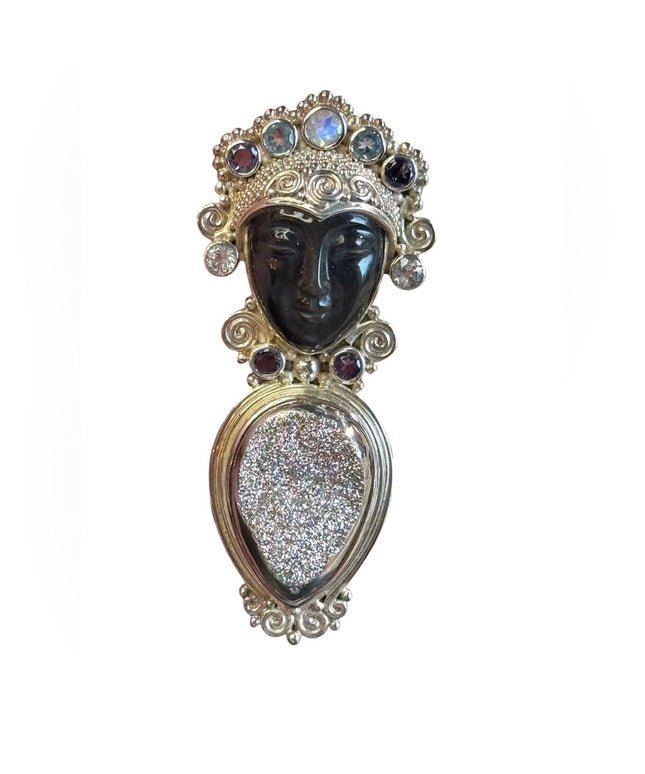 Sajen stunning sterling silver 925 druzy gemstone GODDESS pendant brooch lovely