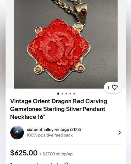 Vintage 925 Silver Sajen Carved Dragon Cinnabar/Garnet Moonstone Unisex Pendant
