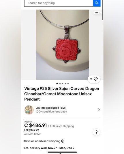 Vintage 925 Silver Sajen Carved Dragon Cinnabar/Garnet Moonstone Unisex Pendant