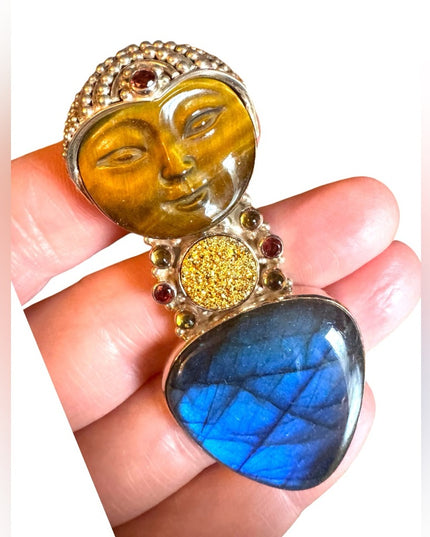 Sajen sterling silver 925 Tiger eye lagradoritw druzy GODDESS pendant brooch