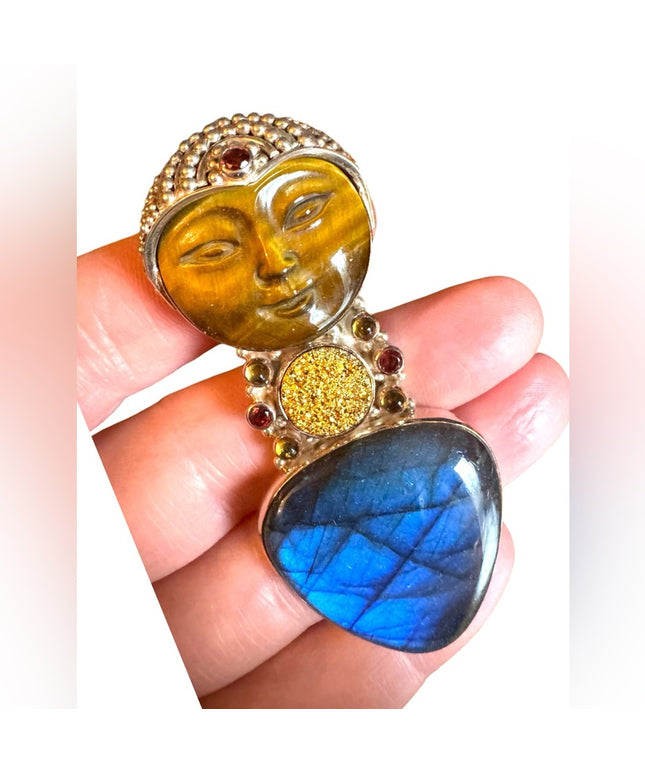 Sajen sterling silver 925 Tiger eye lagradoritw druzy GODDESS pendant brooch