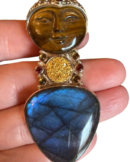 Sajen sterling silver 925 Tiger eye lagradoritw druzy GODDESS pendant brooch
