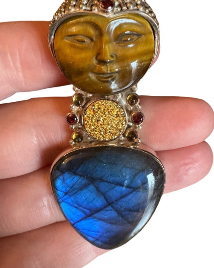 Sajen sterling silver 925 Tiger eye lagradoritw druzy GODDESS pendant brooch