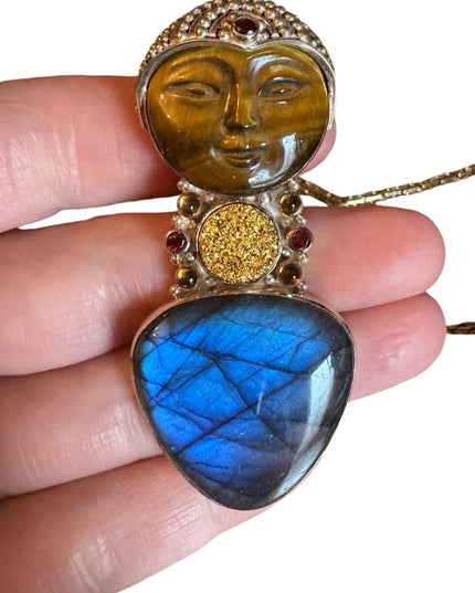 Sajen sterling silver 925 Tiger eye lagradoritw druzy GODDESS pendant brooch
