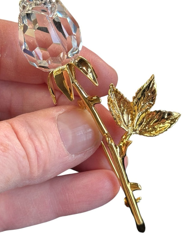 Vintage crystal swarovski glass rose 🌹 brooch 24k gold plated