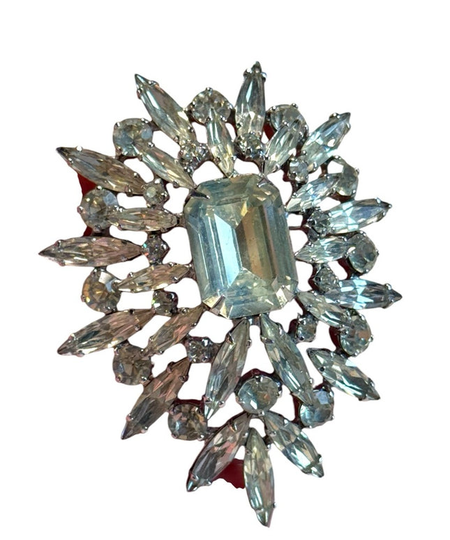 Stunning large crystal brooch silver finish