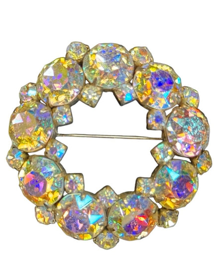 Vintage 1950s MC Sherman gold finish AB wreath crystal brooch