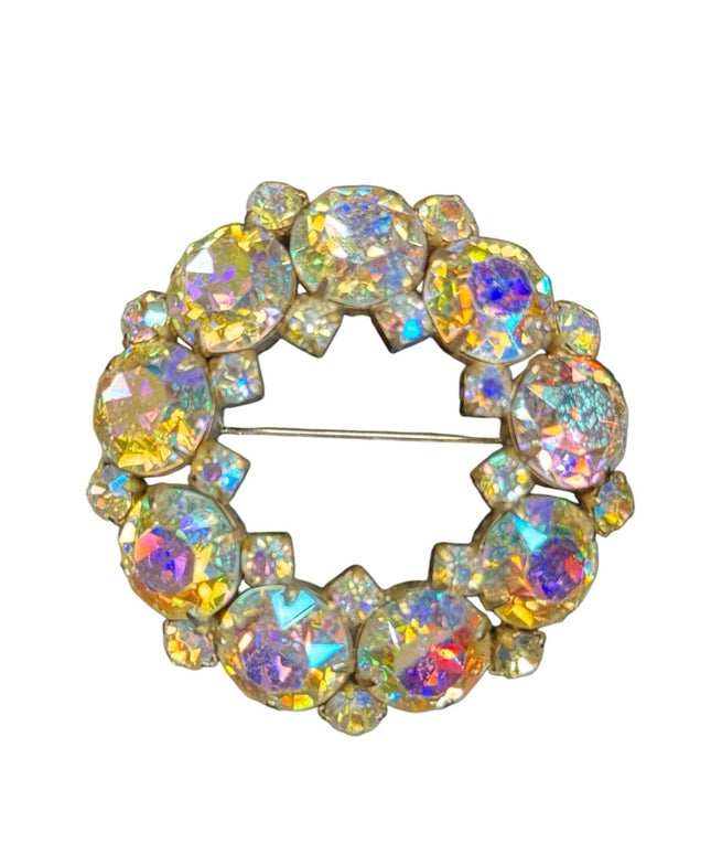 Vintage 1950s MC Sherman gold finish AB wreath crystal brooch