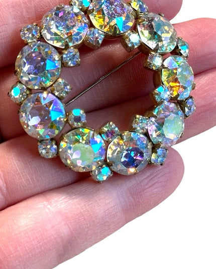 Vintage 1950s MC Sherman gold finish AB wreath crystal brooch