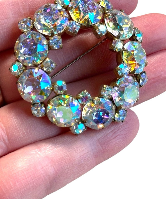 Vintage 1950s MC Sherman gold finish AB wreath crystal brooch