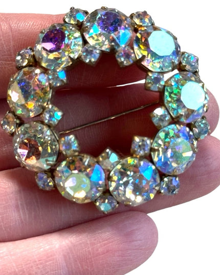 Vintage 1950s MC Sherman gold finish AB wreath crystal brooch