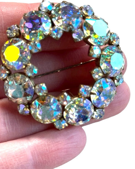 Vintage 1950s MC Sherman gold finish AB wreath crystal brooch