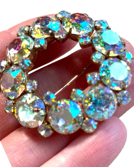 Vintage 1950s MC Sherman gold finish AB wreath crystal brooch