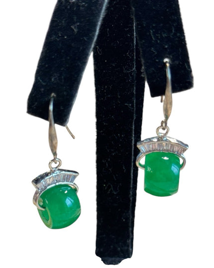 Vintage green jadite glass sterling silver 925 dangle fancy earrings