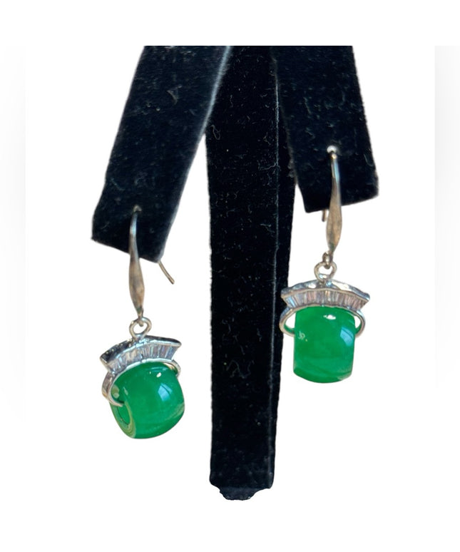 Vintage green jadite glass sterling silver 925 dangle fancy earrings