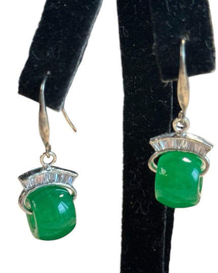 Vintage green jadite glass sterling silver 925 dangle fancy earrings