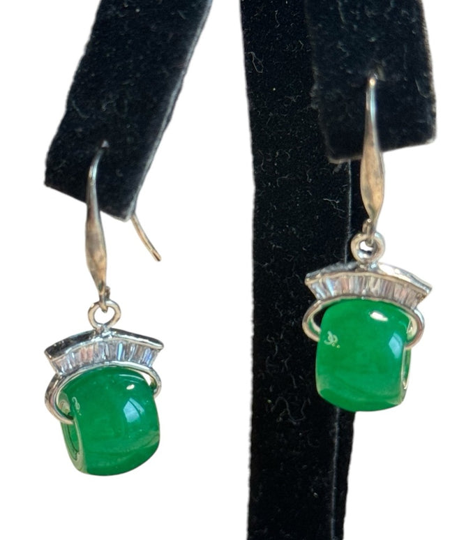 Vintage green jadite glass sterling silver 925 dangle fancy earrings