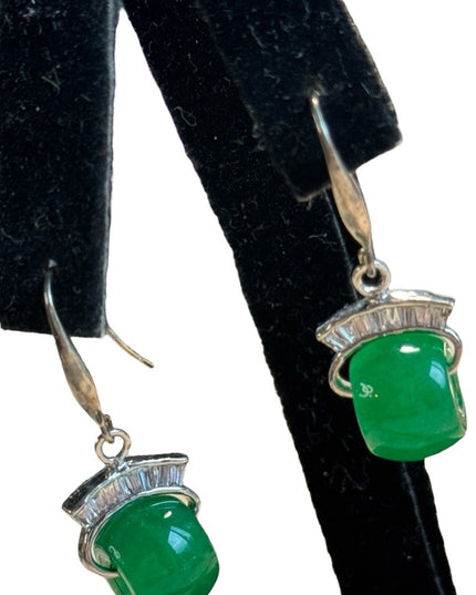 Vintage green jadite glass sterling silver 925 dangle fancy earrings