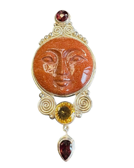 Sajen Gold stone garnet topaz sterling silver 925 carved GODDESS pendant brooch