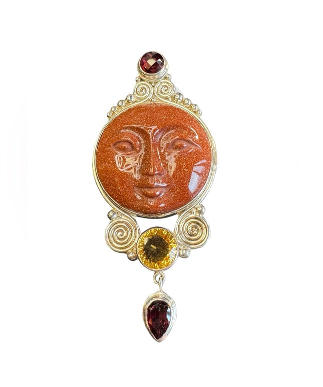 Sajen Gold stone garnet topaz sterling silver 925 carved GODDESS pendant brooch