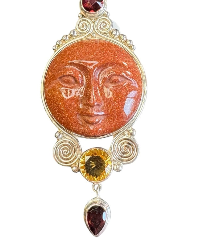 Sajen Gold stone garnet topaz sterling silver 925 carved GODDESS pendant brooch