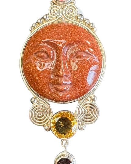 Sajen Gold stone garnet topaz sterling silver 925 carved GODDESS pendant brooch