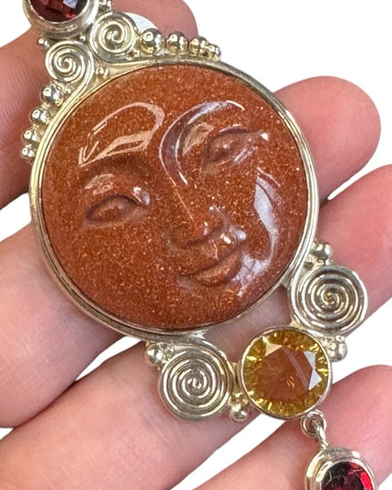 Sajen Gold stone garnet topaz sterling silver 925 carved GODDESS pendant brooch
