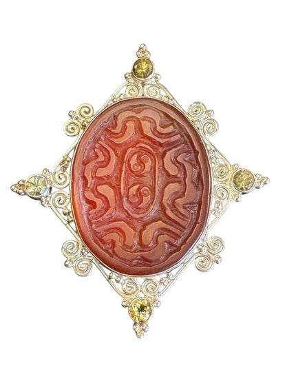 Sajen sterling silver 925 carved agate stone fancy pendant brooch