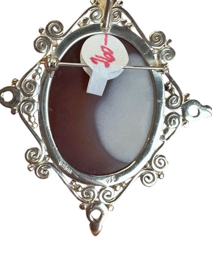 Sajen sterling silver 925 carved agate stone fancy pendant brooch