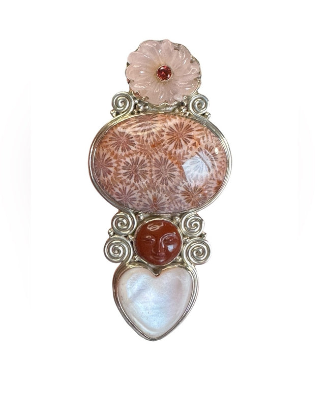 Sajen large sterling silver Bali multi gemstone GODDESS heart pendant brooch