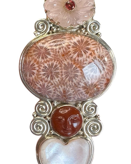 Sajen large sterling silver Bali multi gemstone GODDESS heart pendant brooch